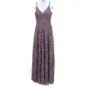 Floral Lace Overlay Embroidered Metallic Sleeveless V-Neck Maxi Dress Purple